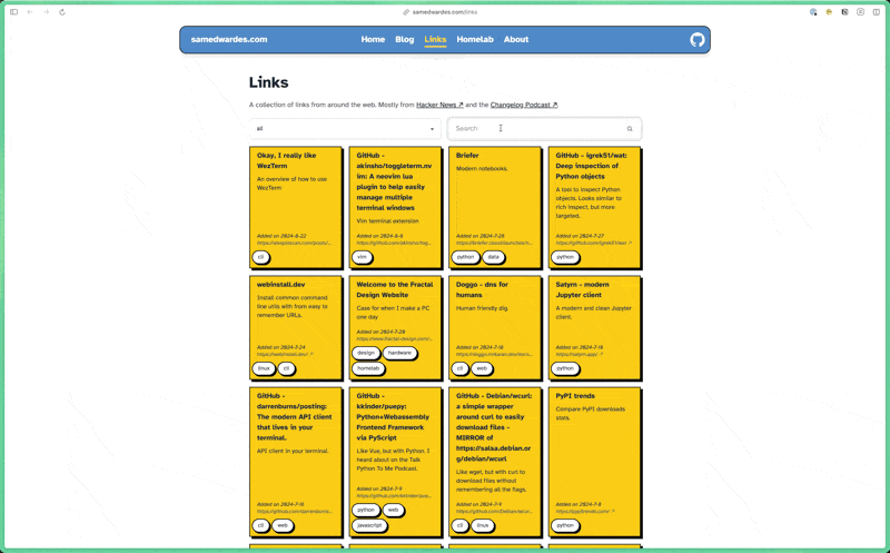 A demo recording of how searching links works on samedwardes.com/links