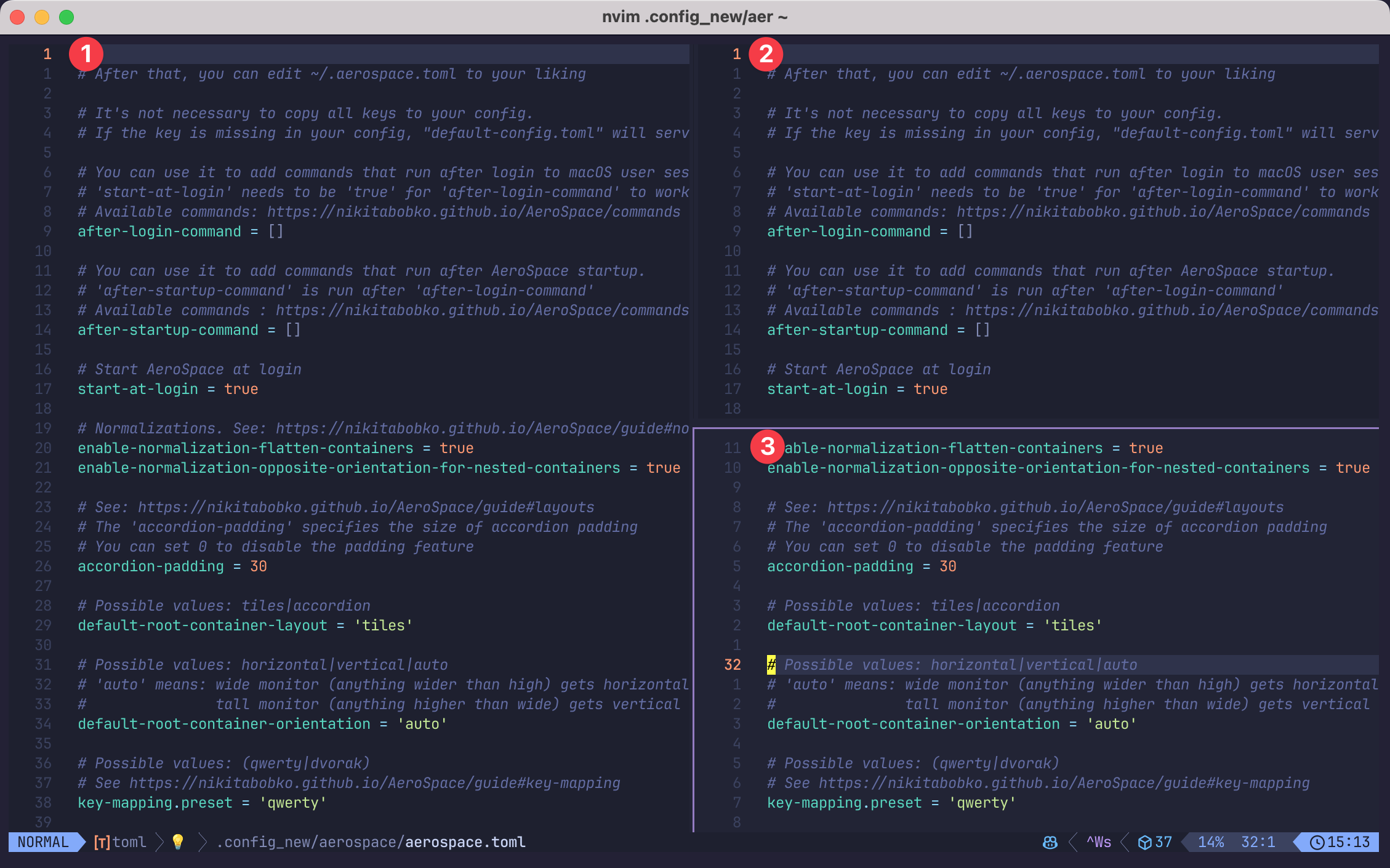 Screenshot of panes in Neovim