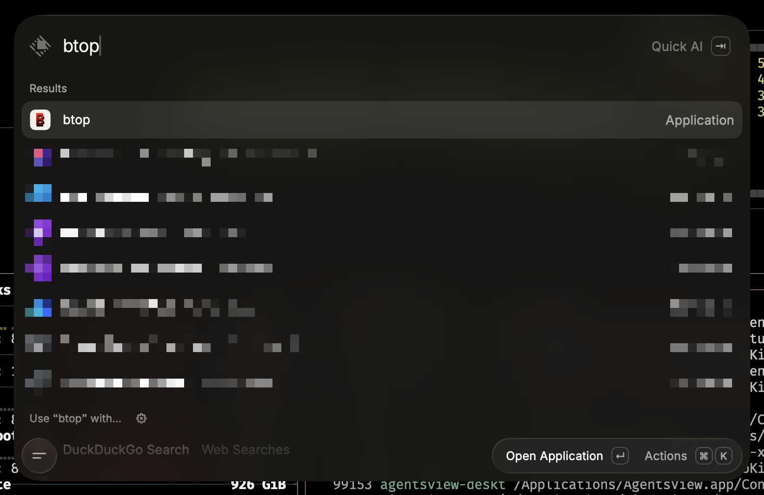 Screenshot of btop showing up as a "normal" app in Raycast