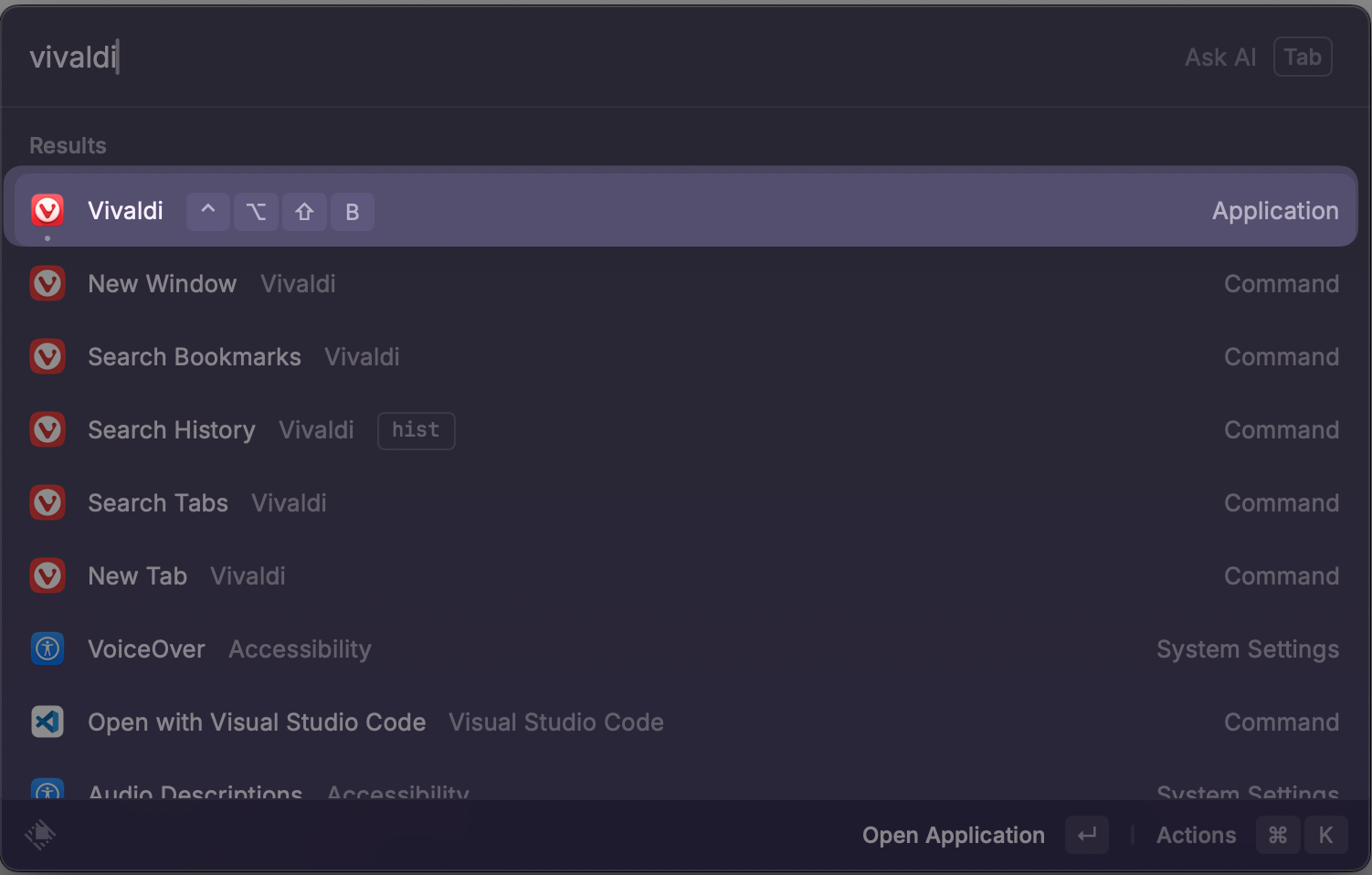 Screenshot of configuring Vivaldi shortcut in Raycast.