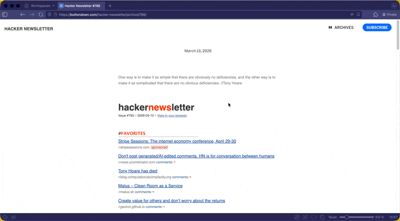 Screen recording of me using the new Vivaldi Followers tab feature to quickly review links on Hacker Newsletter.